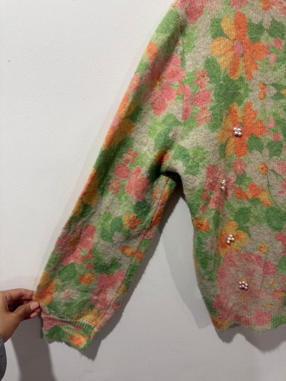 ZARA Floral Knit Cardigan Pearl Detail Size M - Picture 8 of 11